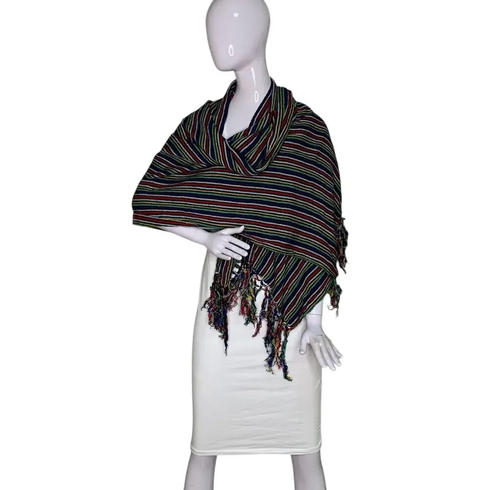 Shawl-Wrap-Scarf Multicolor Striped With Fringe